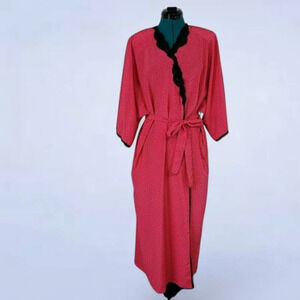 Vintage 1980s Linda Pink Robe with Black Polka Dots and‎ Lace Trim - Size OS